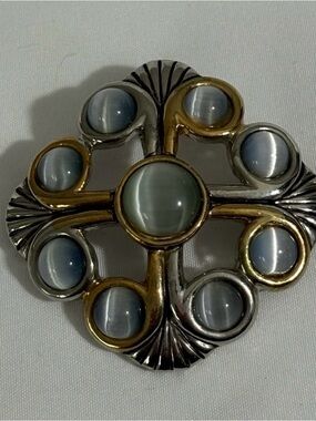 Vintage Brutalist Mixed Metal Moonstone Brooch Pin Celtic Renaissance Revival